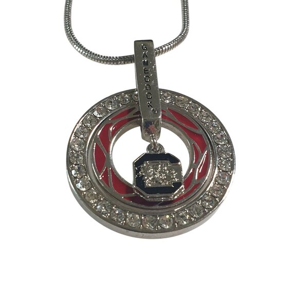 Gamecocks Pendant Necklace Rhinestone Circle Enamel Red Black Silver Clasp - Picture 1 of 6